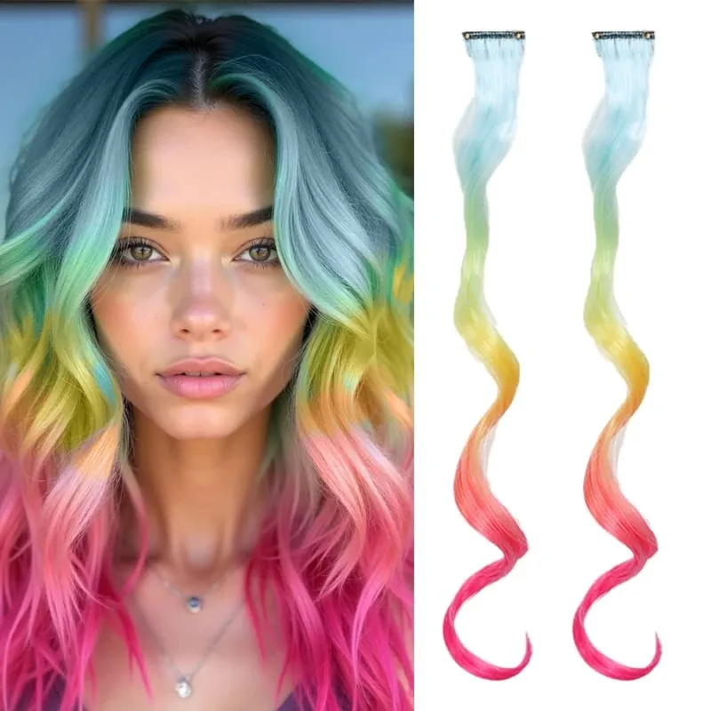 2pcs 16 Inch Colorful Hair Extensions Synthetic Ombre Wavy Clip in Hair Extensions Lightweight Hairpieces for Women Party Wear