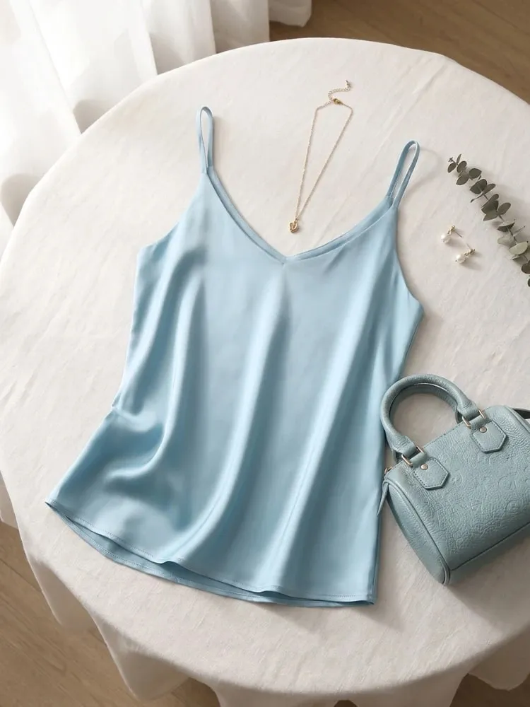 2026 Summer Spaghetti Strap Women Tank Top Halter V Neck Basic White Cami Sleeveless Satin Silk Tops Women'S Camisole