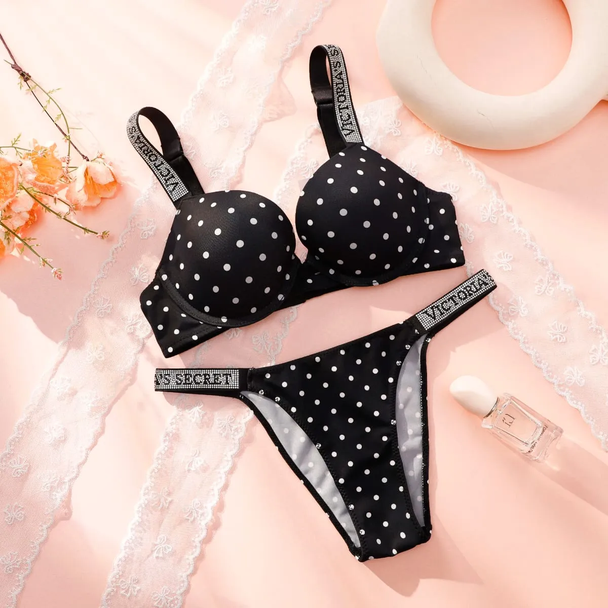Victoria Secret Sexy Lingerie Set Very Sexy Shine Script Polka Dot Push Up Bra Shine Script Thong Panty Women Hot