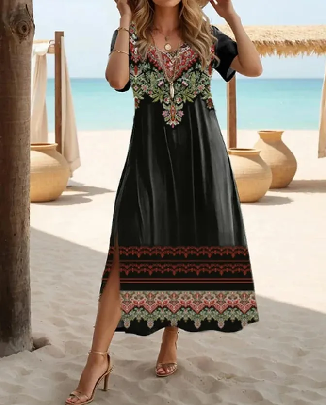 Vestido étnico boêmio com estampa floral casual férias de manga curta tamanho grande