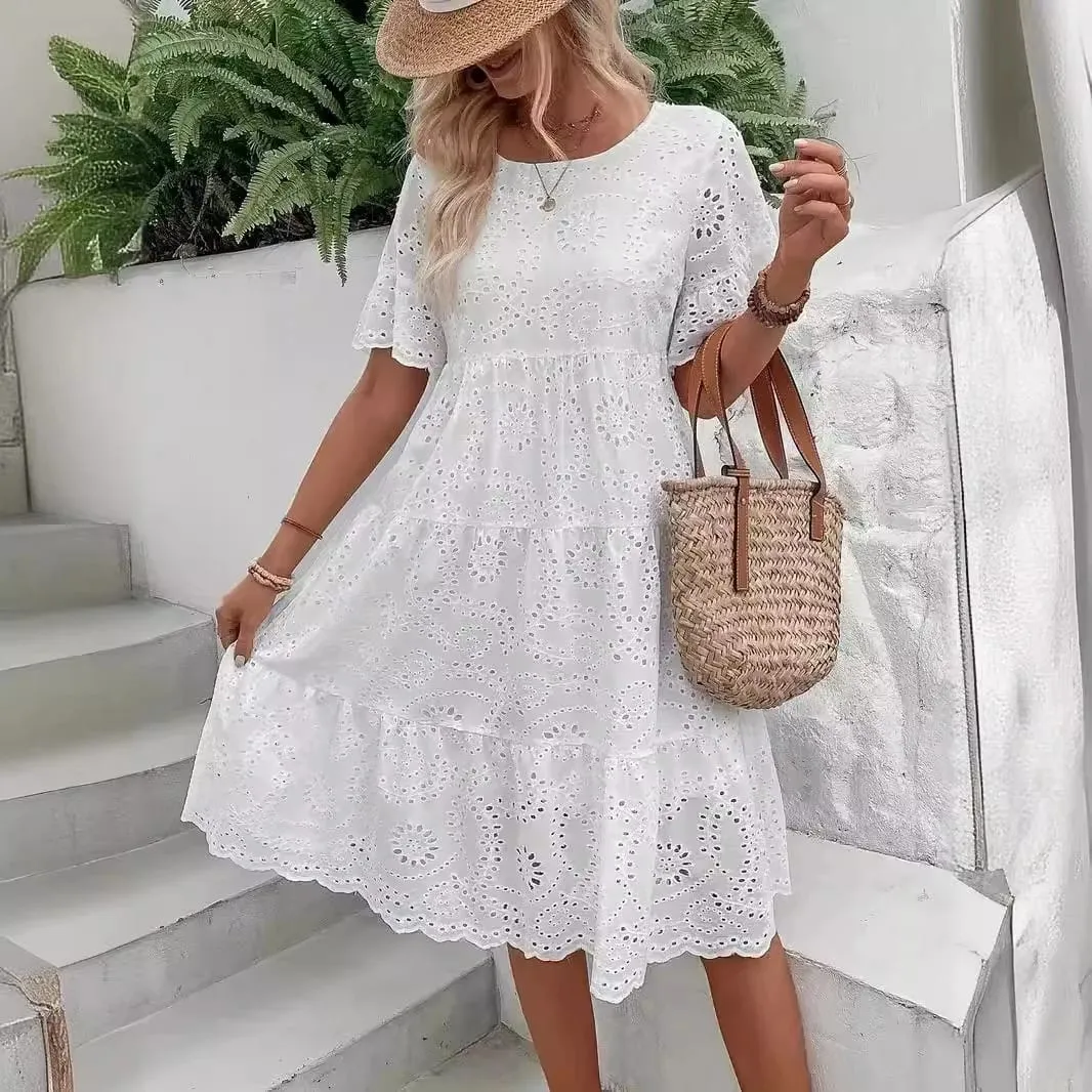 Women's White Eyelet Embroidery Midi Dress Hollow-out Boho Flowy Ruffle Tiered Dress Casual Short Sleeve Summer Beach Dresses