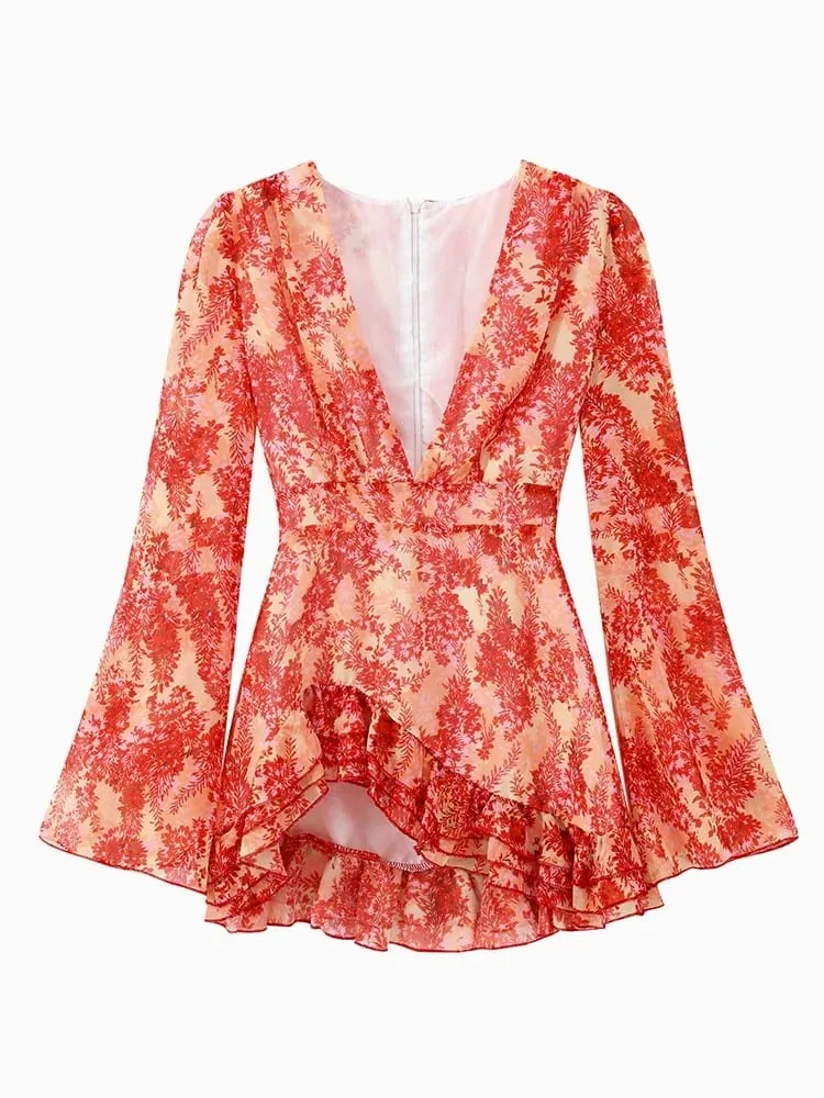 Sexy Floral Printed Mini Dress Women V-neck Flared Sleeve Waist Cinching Ruffle Bodycon Vestido 2026 Lady Party Vacation Gowns