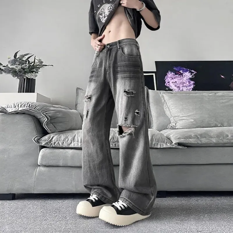 Summer Men's Distressed Denim Pants 2026 New Gray Washed Ripped Loose Straight Leg Casual Streetwear Jeans