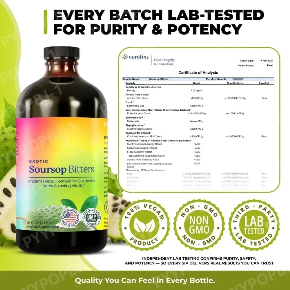 Soursop Bitters Liquid Herbal Extract Plant Based Guanabana Blend with Ginger Turmeric and Sea Moss Daily Wellness Supplement
