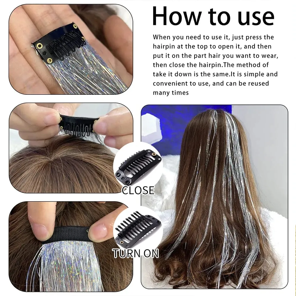 Hair Tinsel Pack of 6 Pcs Hair Tinsel Clip in Glitter Tinsel Hair Extensions Synthetic Hair Tinsel Kit Party Festival Fairy Hair