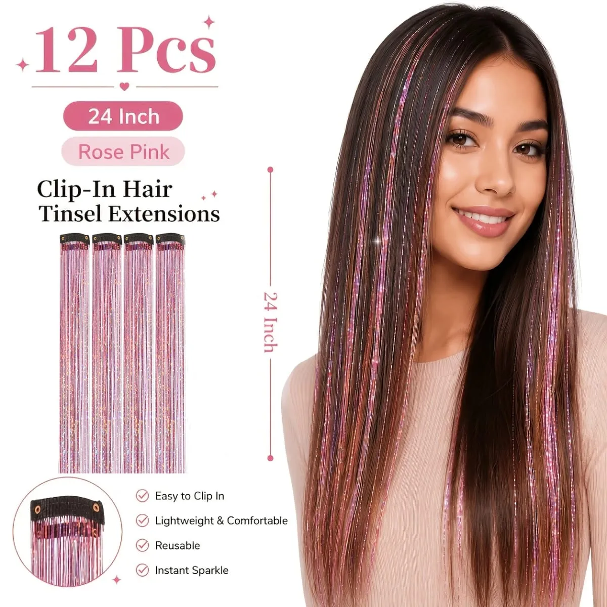 4pcs Clip-In Hair Tinsel Extensions Sparkly Holographic Glitter Hair Strands with Snap Clips Reusable Easy-To-Wear Hair