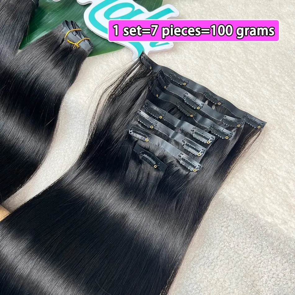 Double Drawn Straight Clip Ins Human Hair Extensions #1B Natural Black Color 100grams 7Pcs/Set Seamless PU Weft Clips in Hair