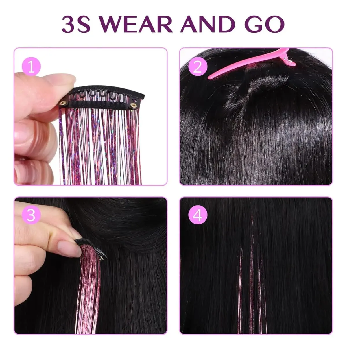 Hair Tinsel Clip in Dreamy Colorful Fairy Hair Tinsel Kit 24 Inch Glitter Clip in Hair Extensions for Girls Women Synthetic