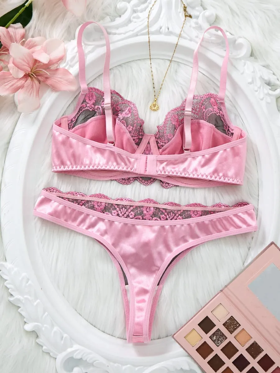 Sweet Pink Lace Lingerie Set Women Satin Underwire Bra With Floral Thong Romantic Intimate Sleep Outfit ZA825289
