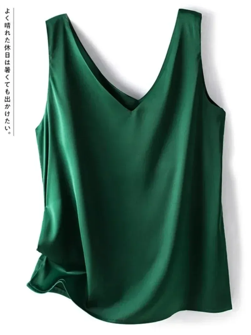 Kvinde T-shirts Elegant SILK Satin Bluse Ærmeløs Kvinde Sommer Casual Løse Tanks og Camis Ensfarvede grønne toppe til kvinder — image 2
