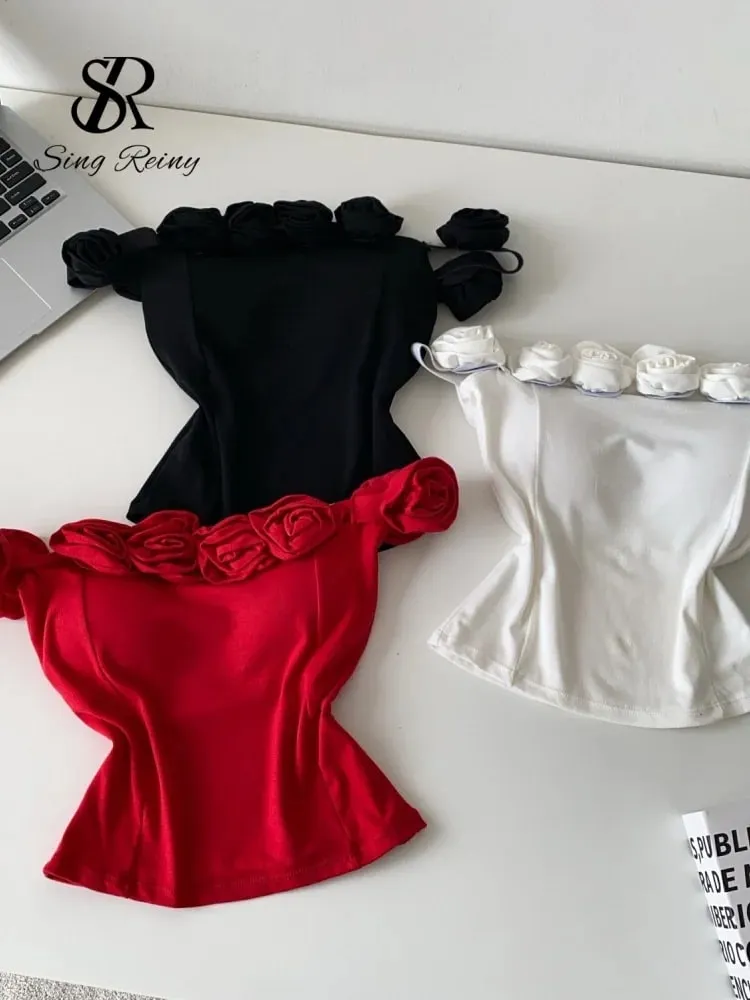 Fashion 3D Floral Solid Crop Top Women Strap Backless Elastic Waist Short Tank Top Korean Holiday Sexy Club Camisole