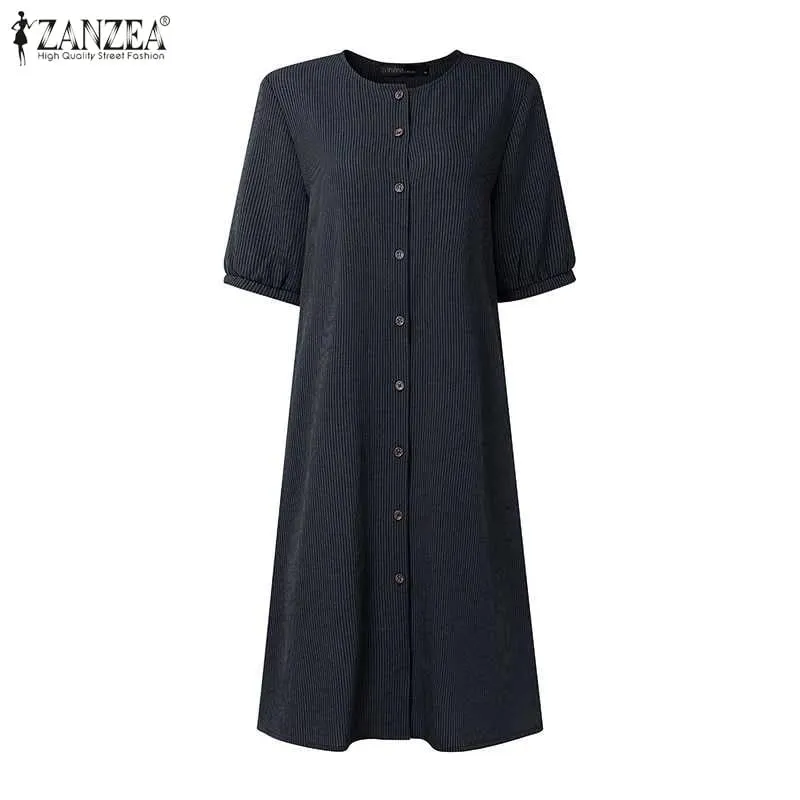 2026 Summer Striped Dress ZANZEA Women Elegant Work Dresses Short Sleeve Buttons Down Sundress Casual Holiday Knee Length Robe