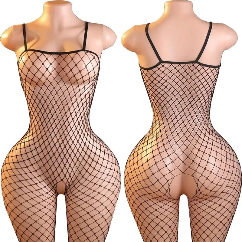 Black Fishnet Off-Shoulder Open-Crotch Bodystocking Lingerie Set Sexy Crotchless Teddy Bra Women's Erotic Underwear