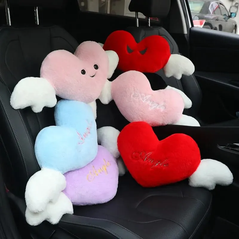 28x58cm 2Pcs Cute Heart‑Shaped Car Headrest Pillow With Angel Wings Soft Plush Auto Neck Support Cushion Car Seat Head Pillow
