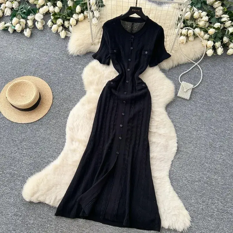 Summer Elegant Lady Knitted Single Breasted Long Dresses Women Solid Short Sleeve O Neck Button Bodycon Party Female Vestidos