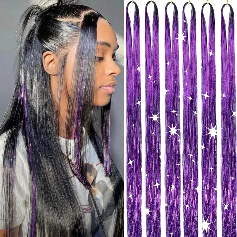 6Pcs Hair Tinsel Kit 24inch 1200 Strands Glitter Tinsel Hair Extensions Shiny Colorful Tinsel Hair Party Highlights for Women