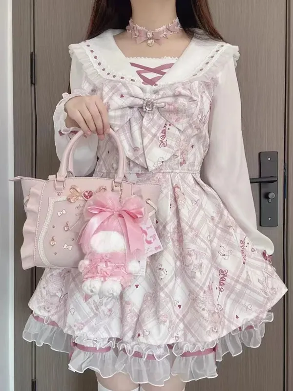 Jirai Kei Dark Sweet Lolita Mini Dress Women Bowknot Lace Puff Corset Heart Ruffle Cake Skirt Japanese Kawaii Harajuku Fashion