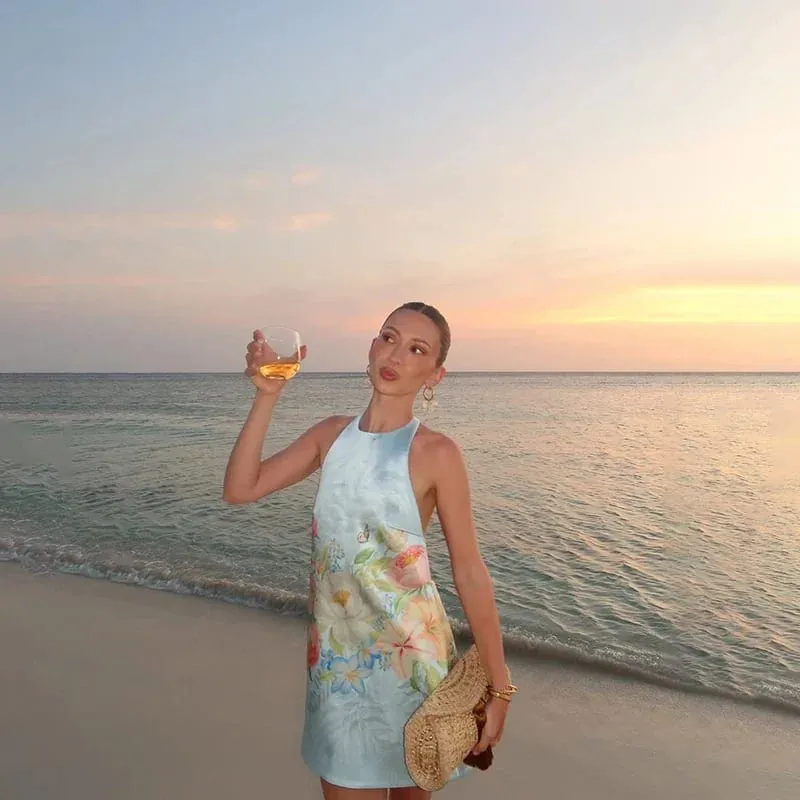 Bohemian Çiçek Baskı Boyundan Bağlamalı Mini Elbise Kadınlar Seksi Kolsuz Backless Kısa Etek Bayan Yaz Parti Tatil Beachwear