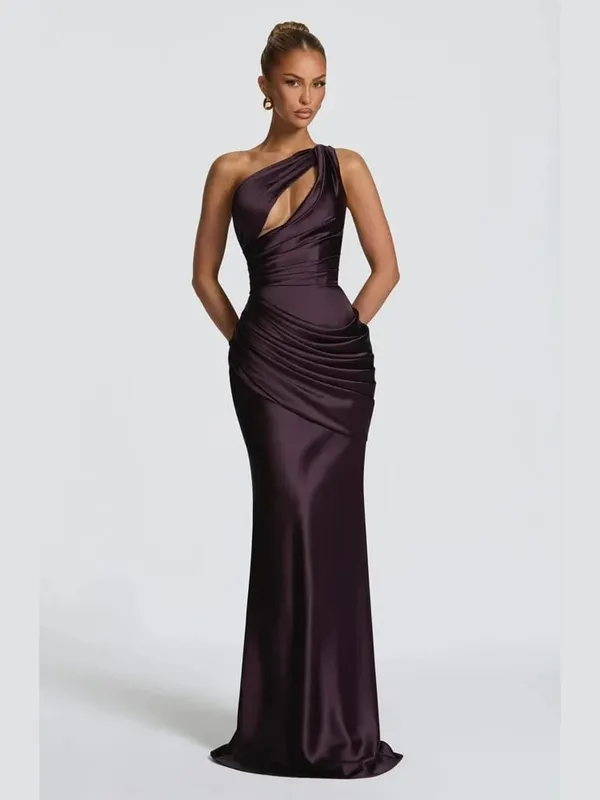 Elegant Solid Ruched Satin Maxi Dress Women One-shoulder Sleeveless Slim Fit Flowy Dresses 2026 Lady Summer Evening Vestidos