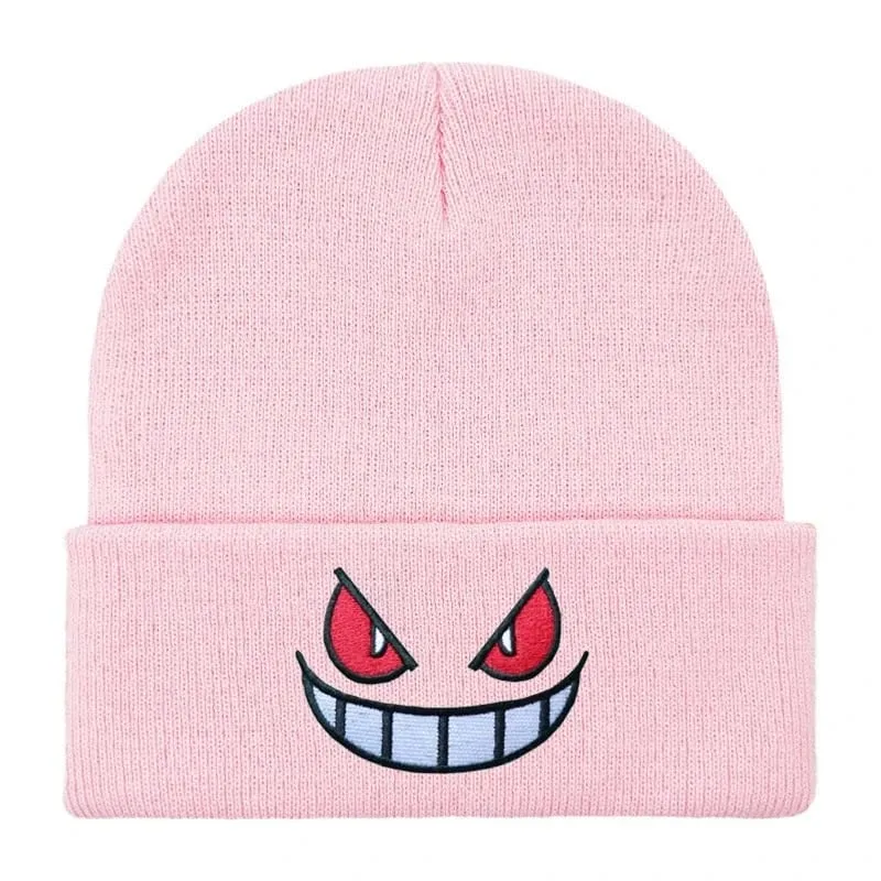 Pokemon Gengar Kartun Bordir Beanies Rajutan Skullies Musim Gugur Musim Dingin Topi Wol Hangat Gengar Wanita Pria Beanies