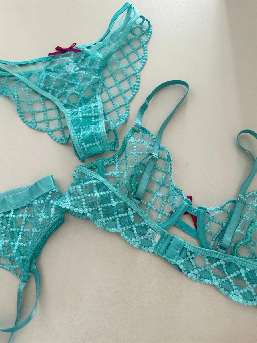 인어 블루 3피스 란제리 세트 얇은 큰 유방 속옷 섹시한 레이스 브라 통기성 로맨틱 브라 속옷 정장