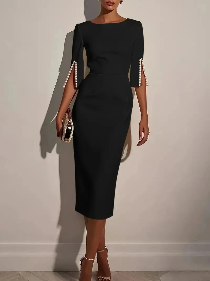 Women's Solid Color Pencil Midi Dress - Pearl Embellished Half Sleeve O-Neck Elegant Office Wear