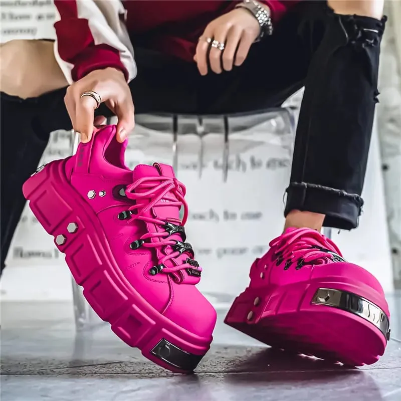 Shoes for Men Metal Punk Platform Sneakers Fashion Designer Brand Thick Soled Board Shoes Clunky Leather Shoes Zapatos De Hombre