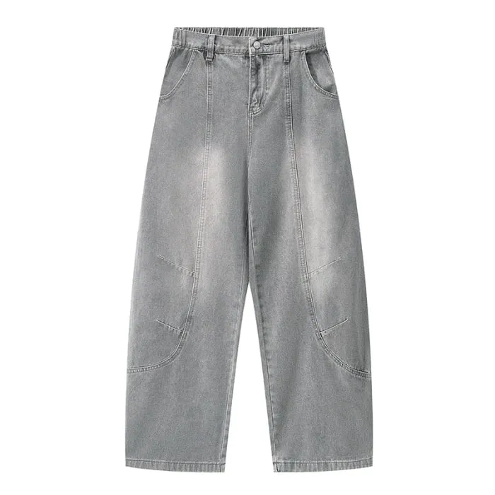 American High Street Curved Wide Leg Jeans For Men Vintage Grey Draped Loose Hip Hop Designer Bottoms