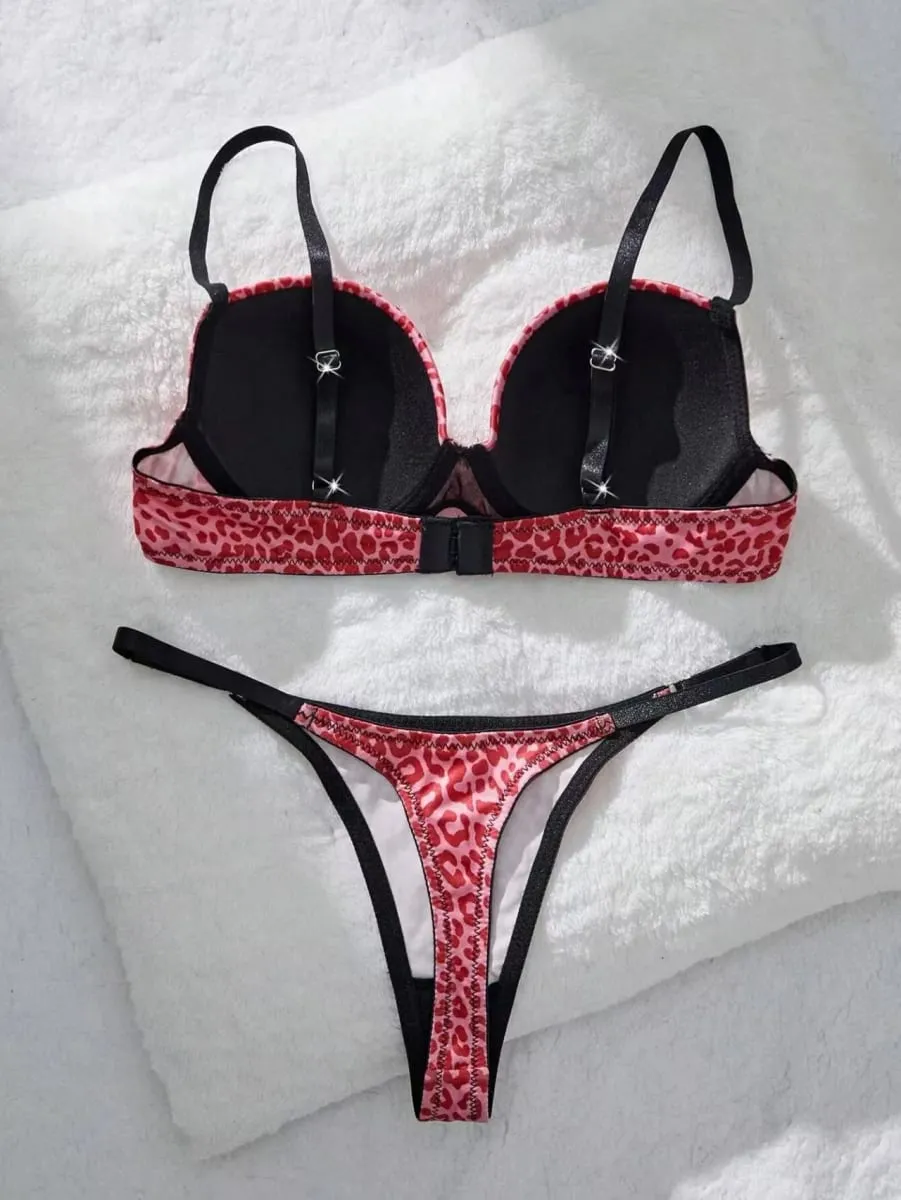 Sexy Leopard Print Push-Up Bra Set with Matching Thong for Women - Underwear Set