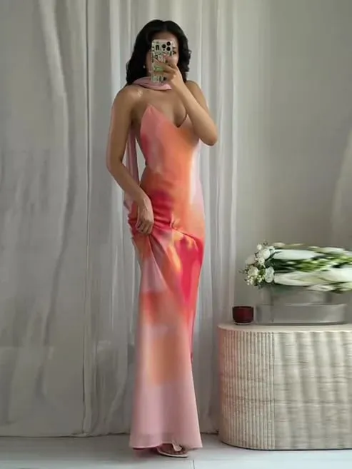 Elegant Tie-Dye Gradient พิมพ์ชุดสลิงยาวผ้าพันคอผู้หญิงวันหยุดแขนกุดชุดราตรีเปลือยฤดูร้อนวันหยุด Robes — image 5