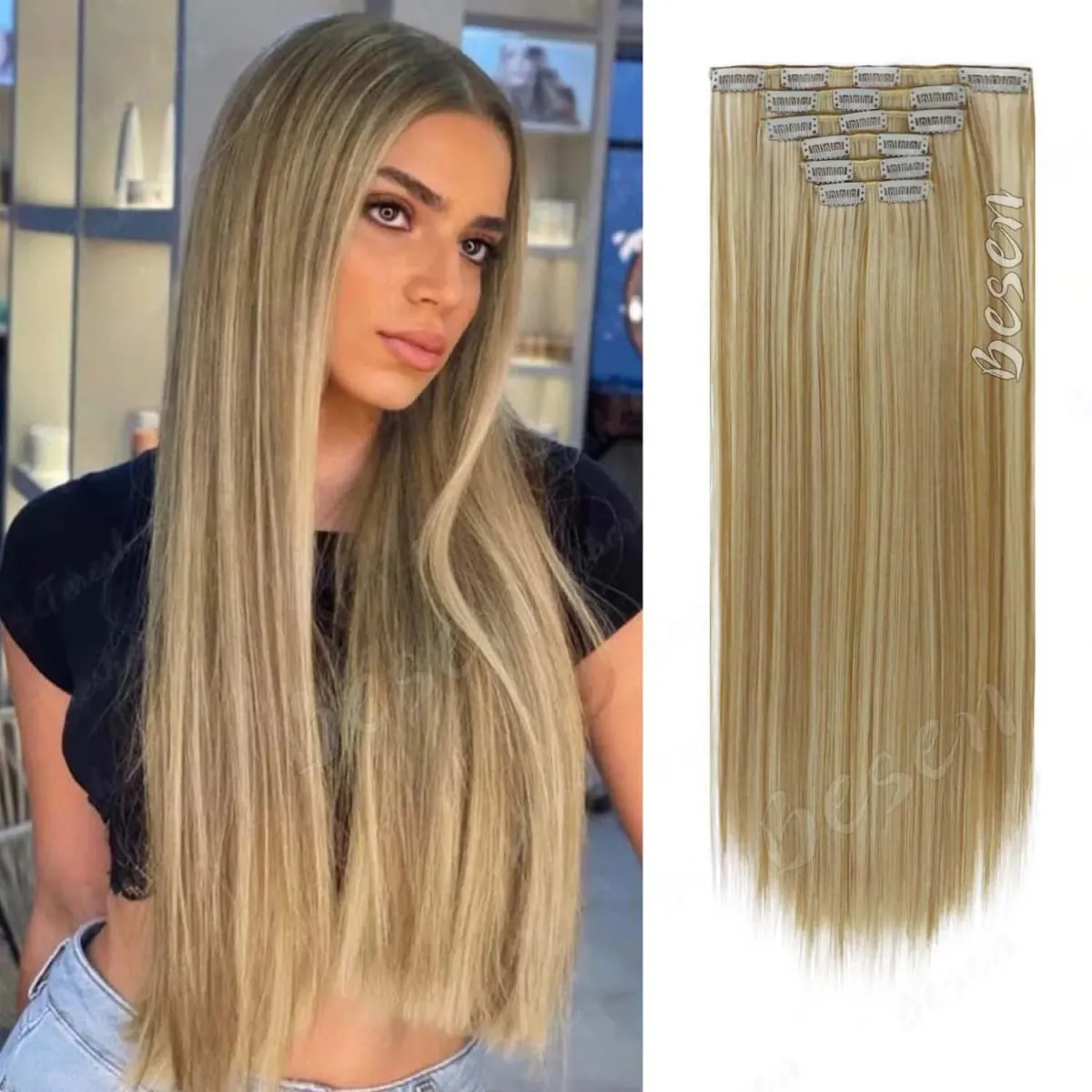 Synthetic 24Inch 16 Clips in Hair Extensions Long Straight Hairstyle Blonde Black Hairpieces Heat Resistant False Hair Daily Use