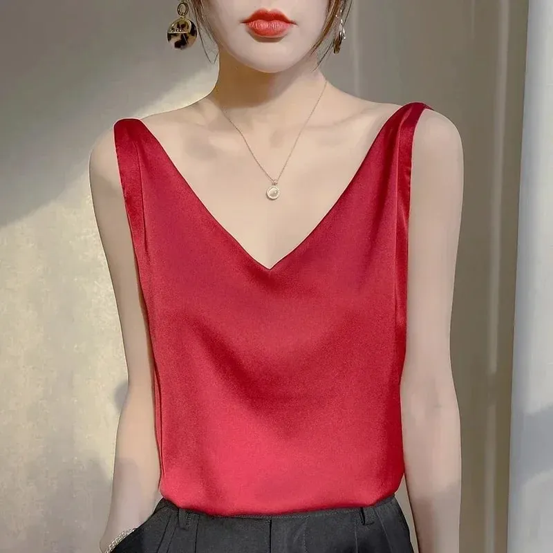 Kvinde T-shirts Elegant SILK Satin Bluse Ærmeløs Kvinde Sommer Casual Løse Tanks og Camis Ensfarvede grønne toppe til kvinder — image 9
