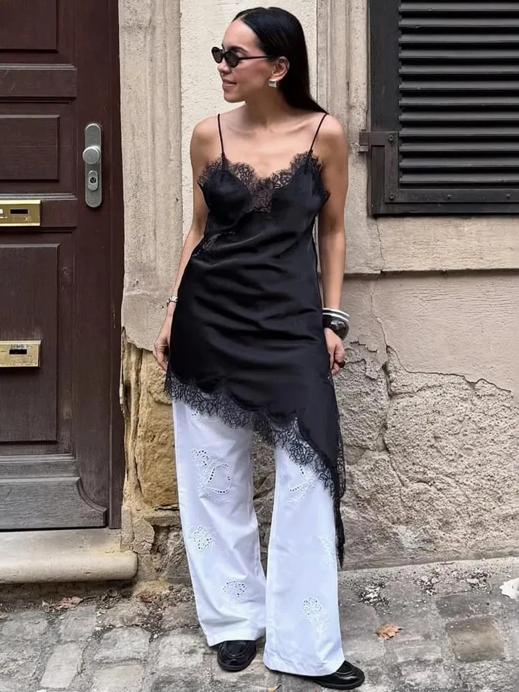 Trendix Black Lace Slip Dress Women exy Hollow Out Sleeveless Short Dresses Party Club Ruffle Loose Elegant Backless Mini Dress