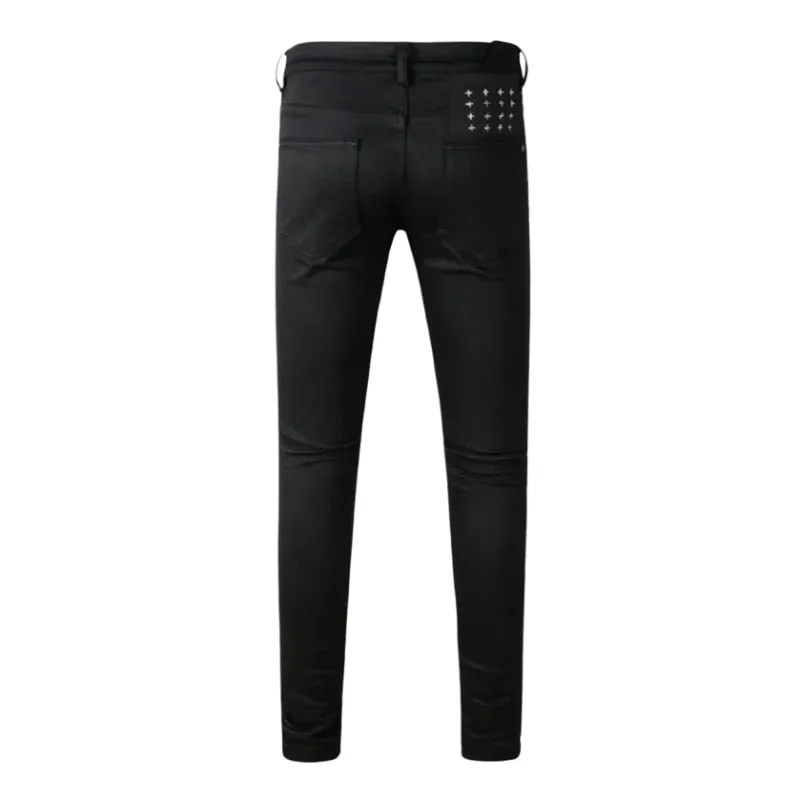 Men's High Street Black Coated Denim Jeans Washed Skinny Fit Embroidered Letter Motif Button Fly Versatile Year‑Round Outfit