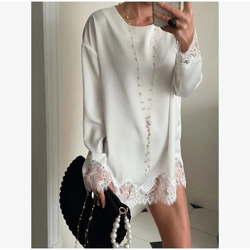 Women Light Blue Lace Satin Round Neck Dress Elegant Side Tie Long Sleeve Soft Short Gown 2026 Daily Vacation Party Sundress