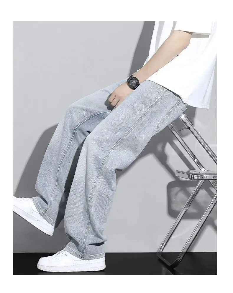 Men's Straight Leg Jeans American High Street High-quality Drawstring Design Daily Casual Loose Pants Washed Polished White