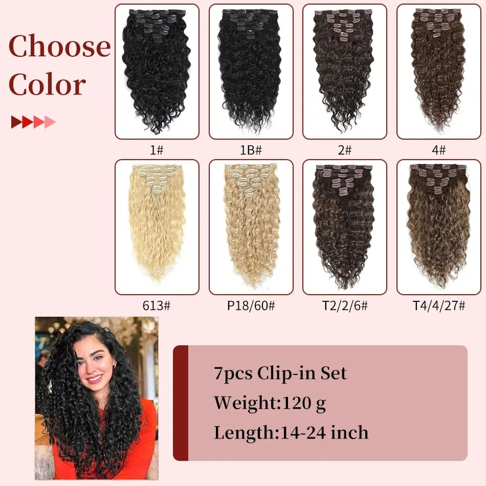 12A Grade Water Wave Clip In Hair Extensions 100% Human Hair Remy 7Pcs/Set Wet and Wavy Clip Ins Hairpieces For Women 14-24Inch