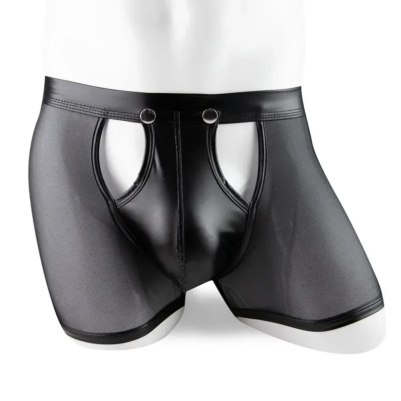 Herren Boxershorts Transparent Mesh Unterwäsche Mann Höschen Kunstleder Abnehmbare Schnalle Beutel Unterhose Cueca Calzoncillo