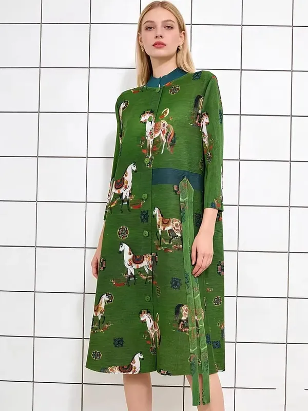Miyake Pleated Dresses 2026 European New Printed Long Sleeve Single-Breasted Cardigan Jacket Stretch Plus Size Women's Clothing