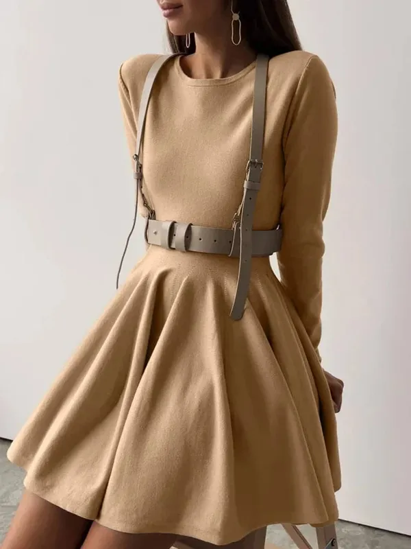 Duomofu Mini vestidos de punto para mujer Otoño Invierno Vestido suéter de manga larga Mujer elegante moda Slim una línea Vestido plisado Vestido