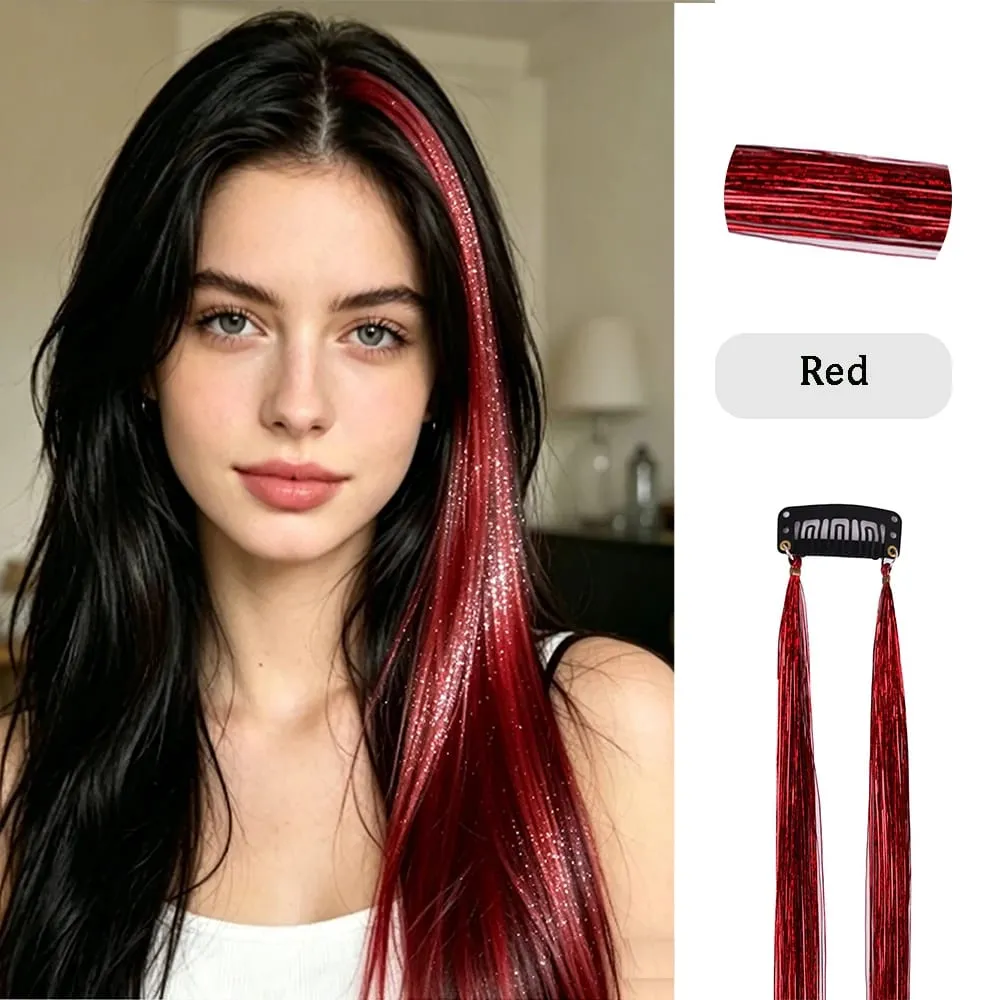 Multi-color Laser Wire Hair Extensions Shiny Tinsel Clip-in Hair Pieces Glitter Colored Hair Strands for Daily & Party Hairstyle