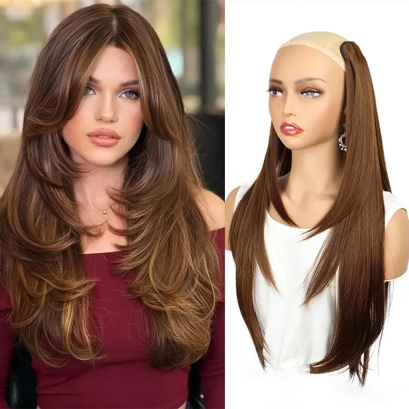 Synthetic Long Straight 22Inch Layered Clip-in Hair Extension V-shaped Black Blonde Invisible Hairpiece for Women Party Girl