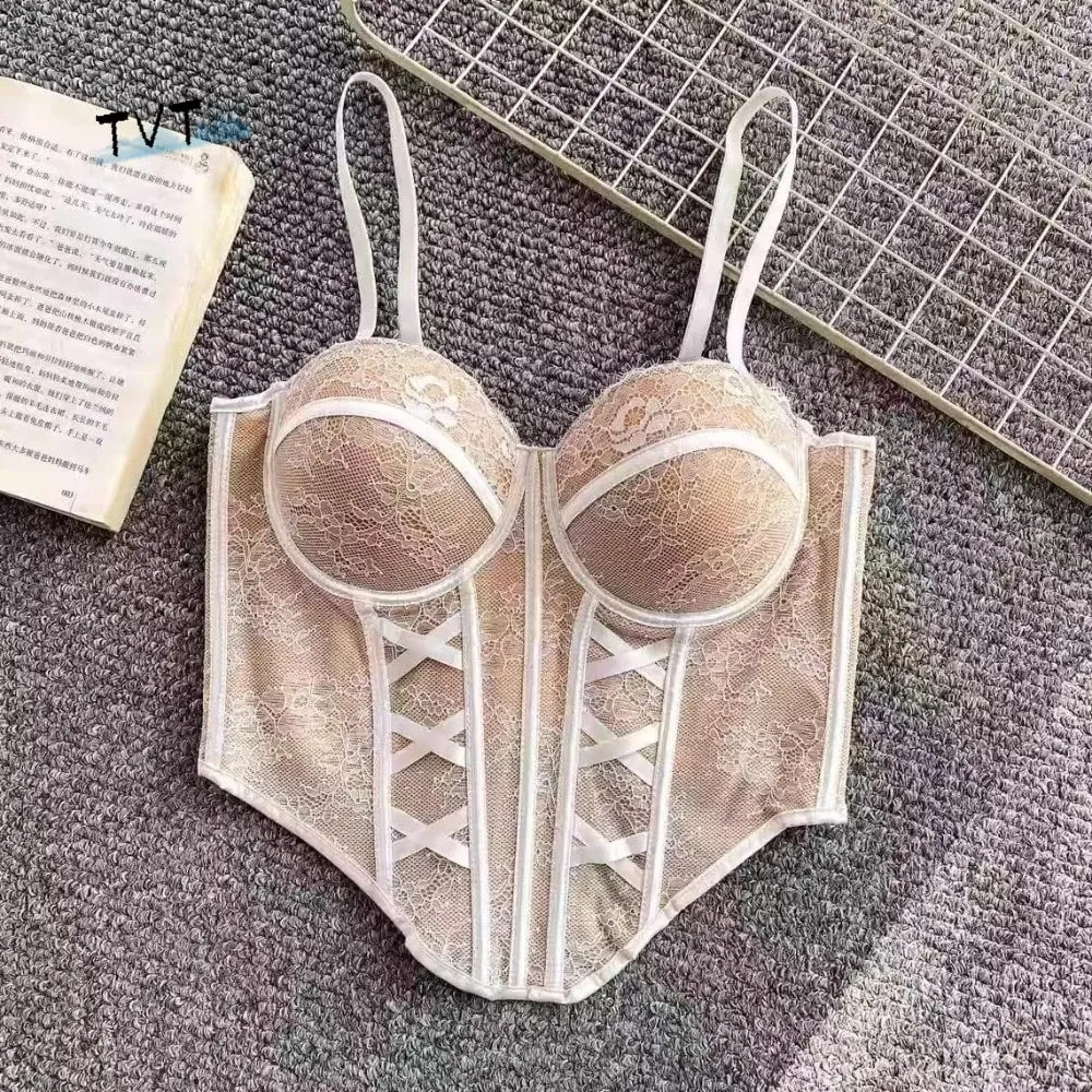 Mesh Flower Lace Corset Bottoming Shirt Spicy Girls Style Slim Lace Crop Top Fishbone Sleeveless Girl's Suspender Vest