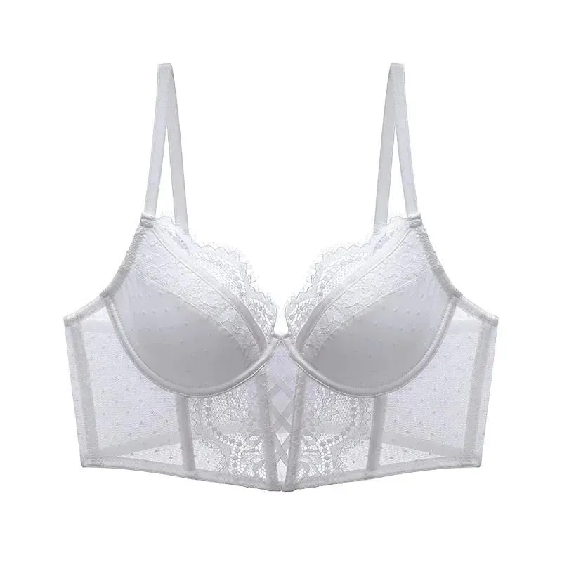 Women‘s French Lace Lingerie Set Push Up Bra Thin & Soft Steel Ring for Support Gathered Design Demi Cup Chemise for Small Bust