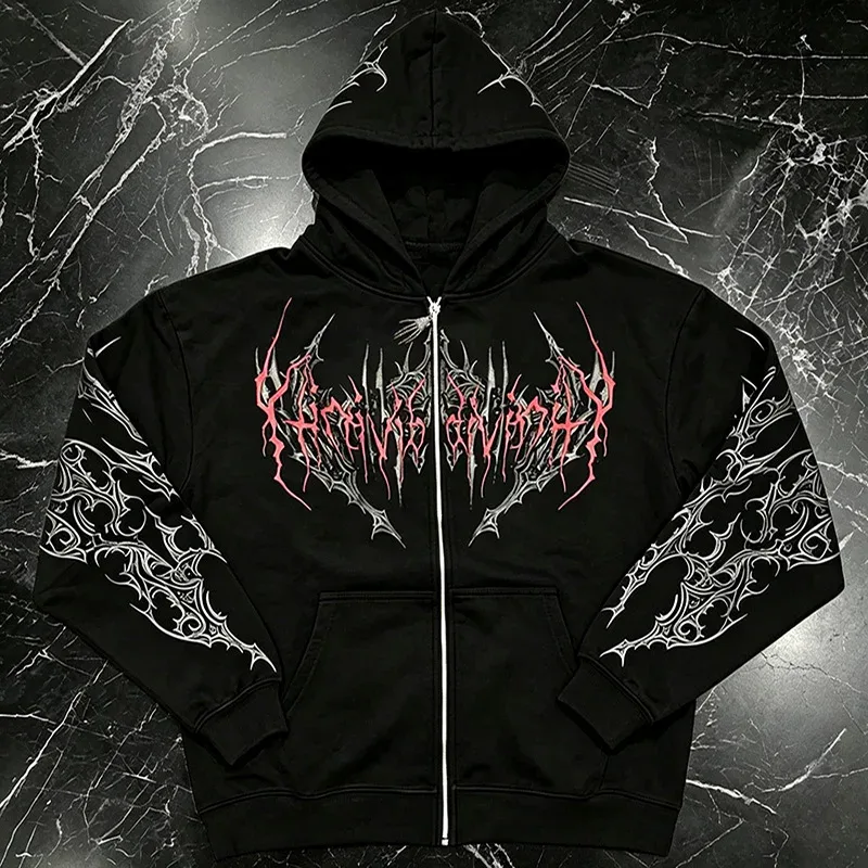 Men Alt Gothic Zip Up Hoodie Y2k High Street American Style Dark Thorn Print Fleece Lined Loose Biker Fall Winter Sweatshirt