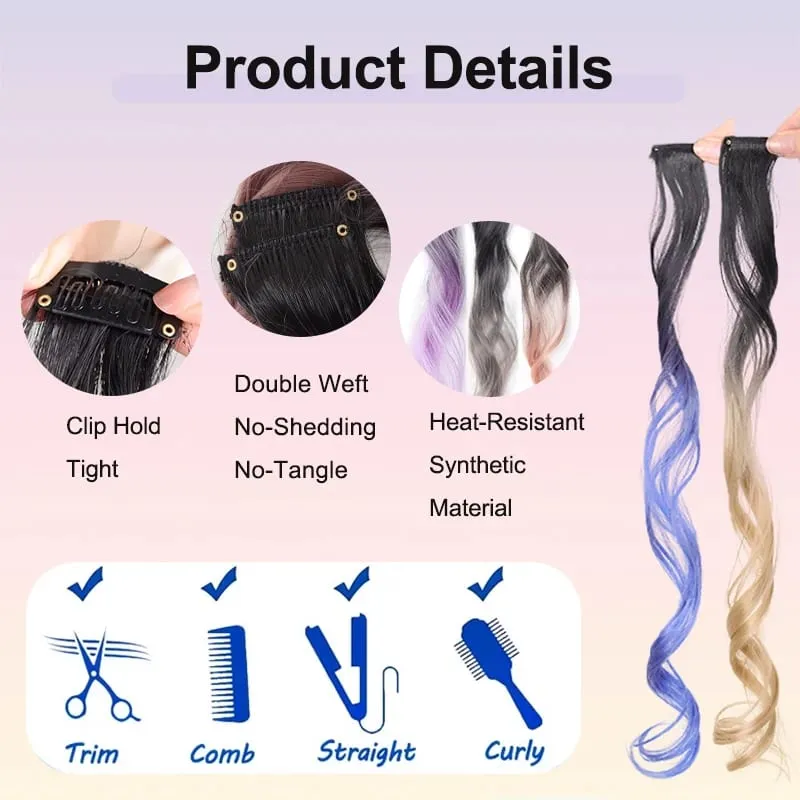 2pcs Clip-On Curly Wavy Hair Extensions Colorful Synthetic Fiber Hair Pieces For Y2K Party Women Hair Accessories