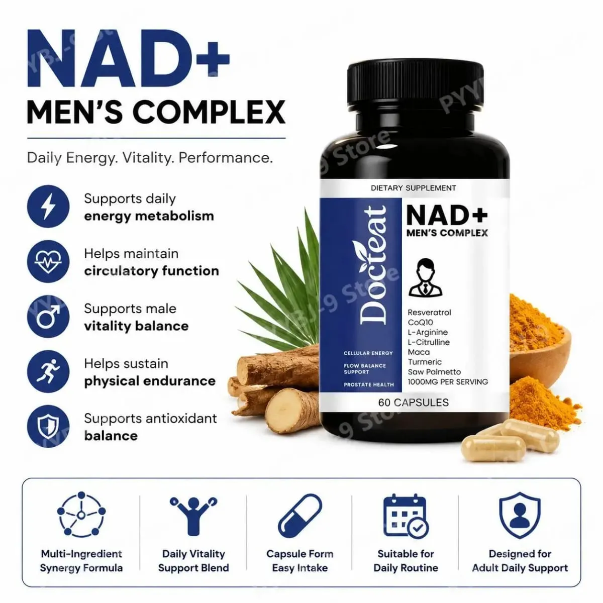 Docteat NAD+ Men's Complex Capsules for Daily Energy Metabolism and Circulatory Support Male Vitality Balance 60 Capsules
