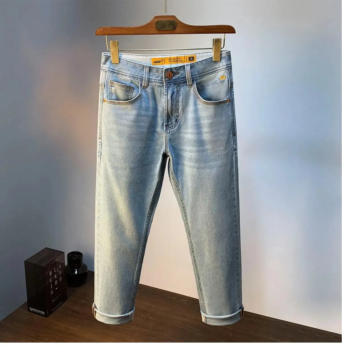Light blue slim straight jeans for men men's casual denim pants that are thin breathable elastic and versatile for a stylish