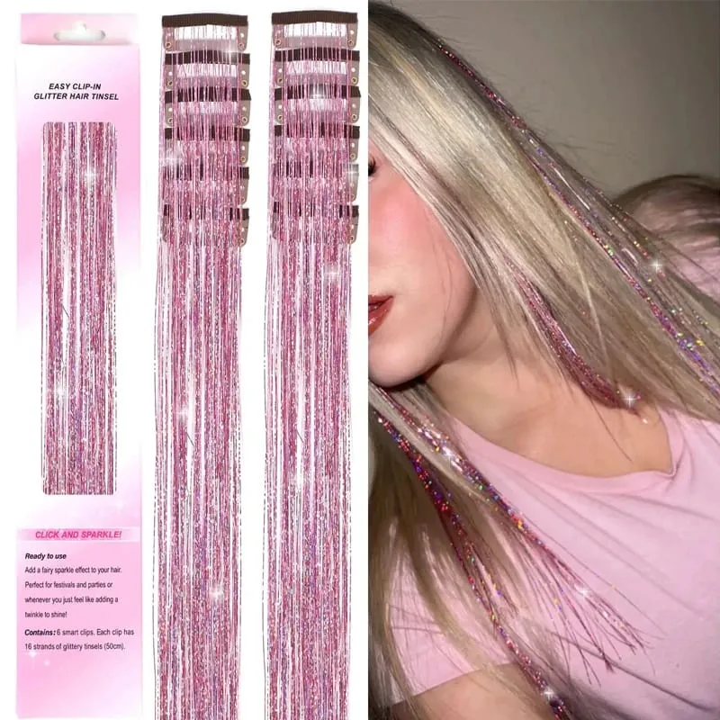 12pcs 20inch Tinsel Hair Extensions Wigs Colorful Shiny Artificial hair extensions Clip in Women Hairpieces for Daily Party Wear