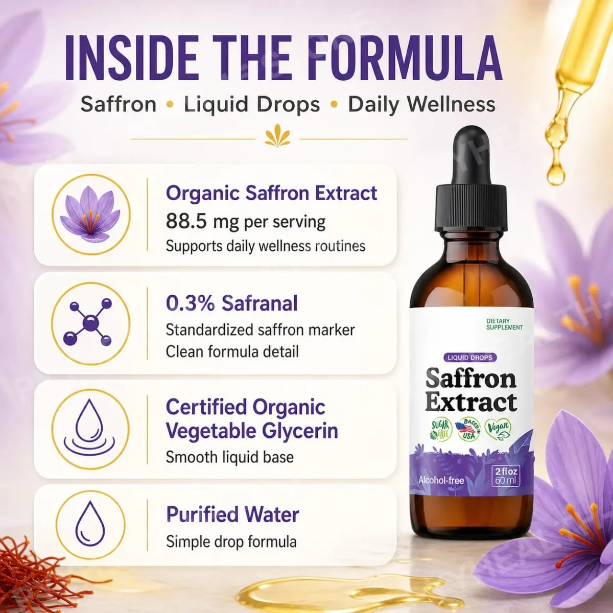Saffron Supplements 88.5mg - Mood Focus & Eye Support Saffron Extract Liquid Drops Mix with Tea Vegan Alcohol-Free 2 Oz